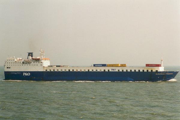 Photograph of the vessel  European Freeway pictured approaching Felixstowe on 20th August 1995