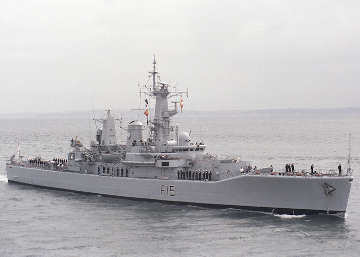 Photograph of the vessel HMS Euryalus pictured entering Portsmouth Harbour on 30th April 1988