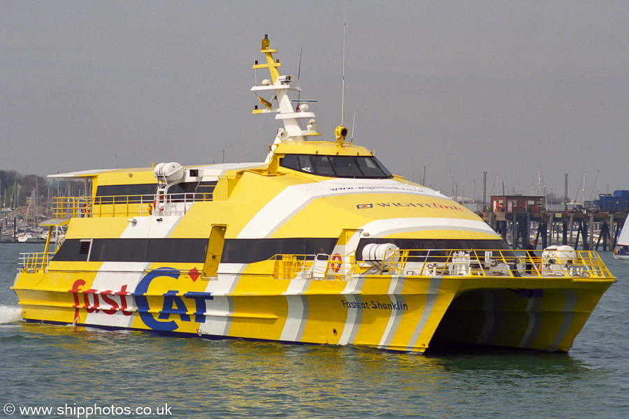 Photograph of the vessel  Fastcat Shanklin pictured arriving in Portsmouth on 21st April 2002
