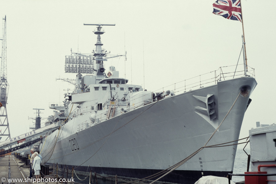 HMS Fife pictured at Portsmouth Naval Base on 25th August 1984