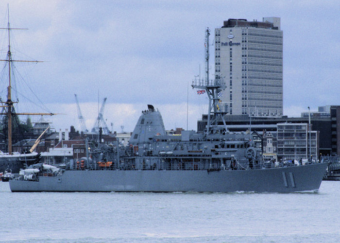 Photograph of the vessel USS Gladiator pictured departing Portsmouth Harbour on 18th April 1995