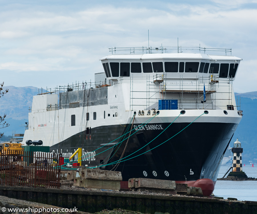 Photograph of the vessel  Glen Sannox pictured fitting out at Port Glasgow on 7th May 2018