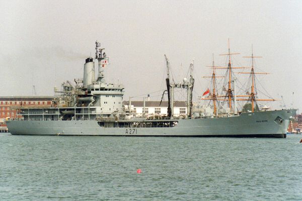 RFA Gold Rover pictured departing Portsmouth Harbour on 1st May 1995