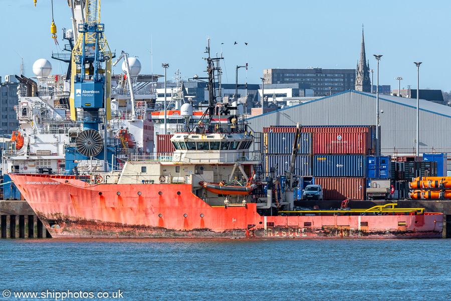 Photograph of the vessel  Grampian Defender pictured at Matthews Quay, Aberdeen on 18th March 2025