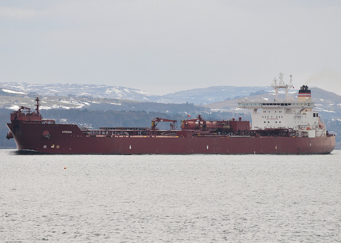 Photograph of the vessel  Grena pictured on the River Clyde heading for Finnart Ocean Terminal on 30th March 2013