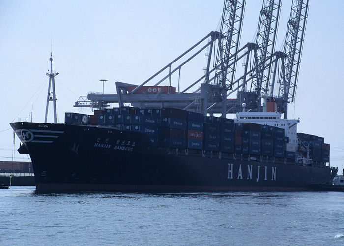 Photograph of the vessel  Hanjin Hamburg pictured arriving in Europahaven, Europoort on 14th April 1996