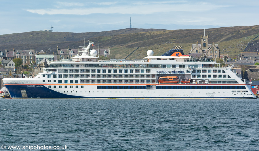 Photograph of the vessel  Hanseatic Inspiration pictured at Victoria Pier, Lerwick on 18th May 2022