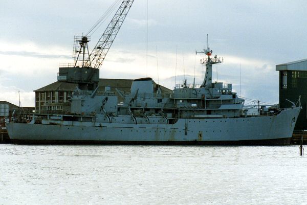 Photograph of the vessel HMS Hecate pictured laid up at Gosport on 15th December 1993