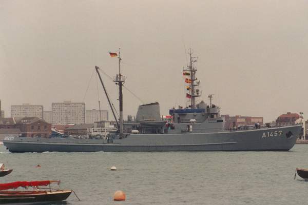 Photograph of the vessel FGS Helgoland pictured arriving in Portsmouth Harbour on 18th June 1992