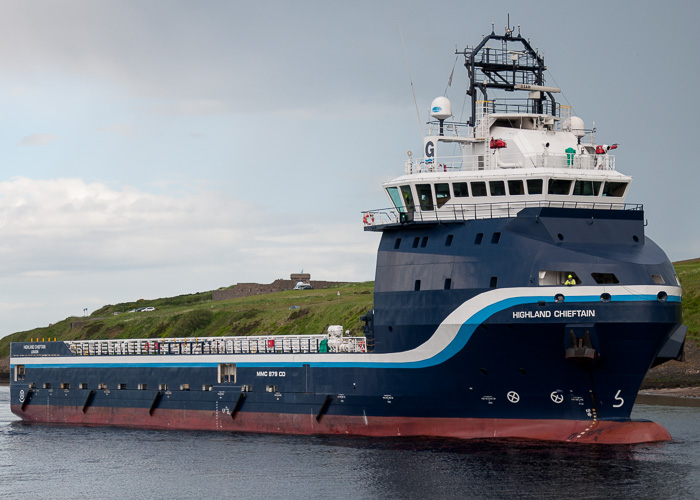Photograph of the vessel  Highland Chieftain pictured arriving at Aberdeen on 11th June 2014