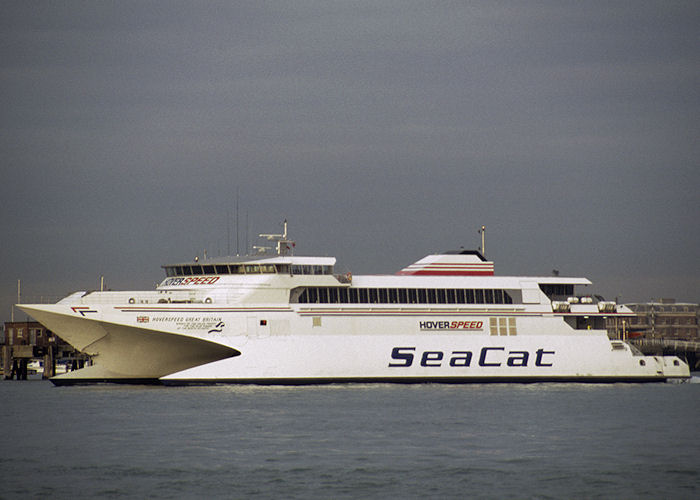 Photograph of the vessel  Hoverspeed Great Britain pictured departing Portsmouth Harbour on 1st December 1990