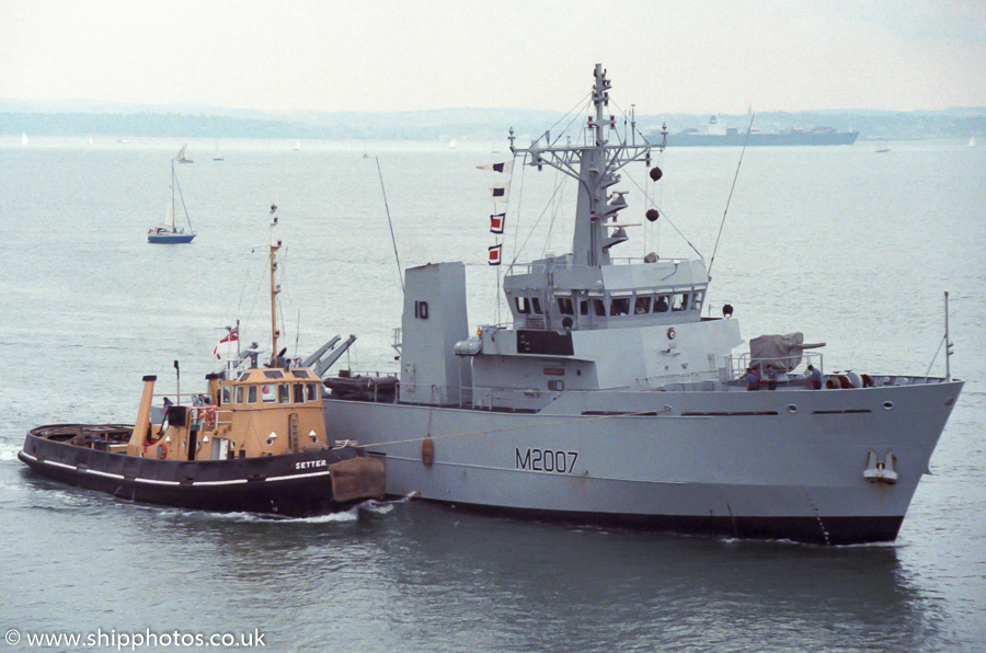 HMS Humber pictured arriving under tow in Portsmouth Harbour on 2nd July 1989
