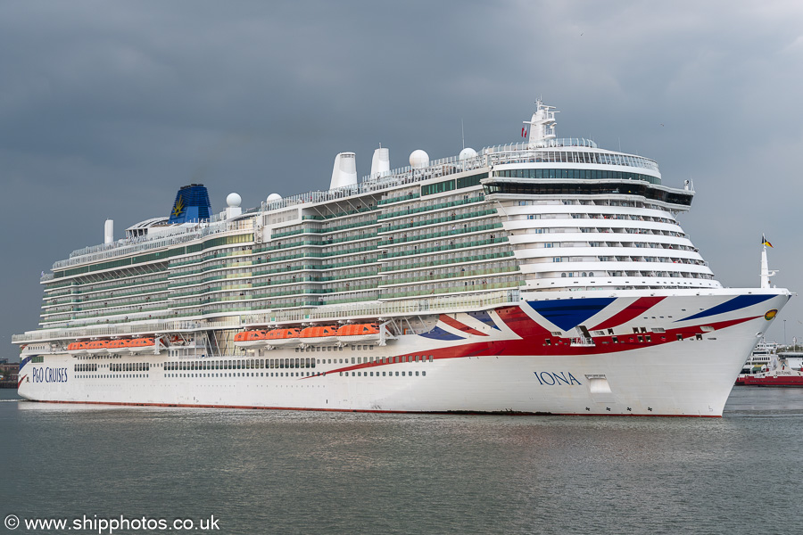 Photograph of the vessel  Iona pictured departing Ocean Dock, Southampton on 26th April 2025