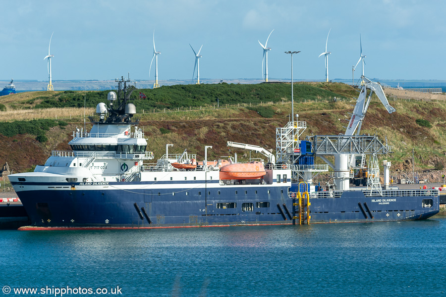 Photograph of the vessel  Island Diligence pictured at Castlegate Quay, Aberdeen South Harbour on 11th September 2024