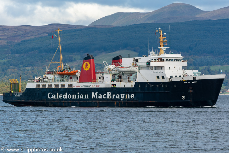 Photograph of the vessel  Isle of Arran pictured approaching James Watt Dock, Greenock on 28th September 2022