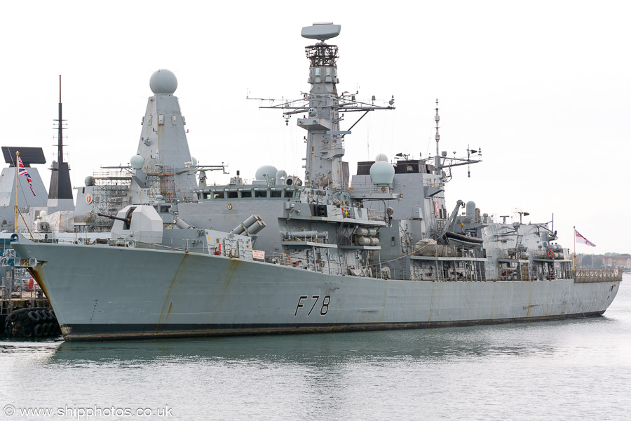 Photograph of the vessel HMS Kent pictured in Portsmouth Naval Base on 8th July 2023