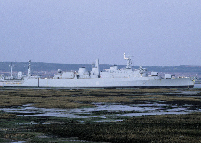 Photograph of the vessel HMS Kent pictured laid up in Fareham Creek on 28th April 1995