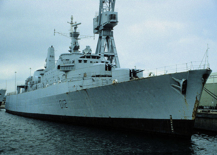 Photograph of the vessel HMS Kent pictured laid up in Portsmouth Naval Base on 27th May 1996