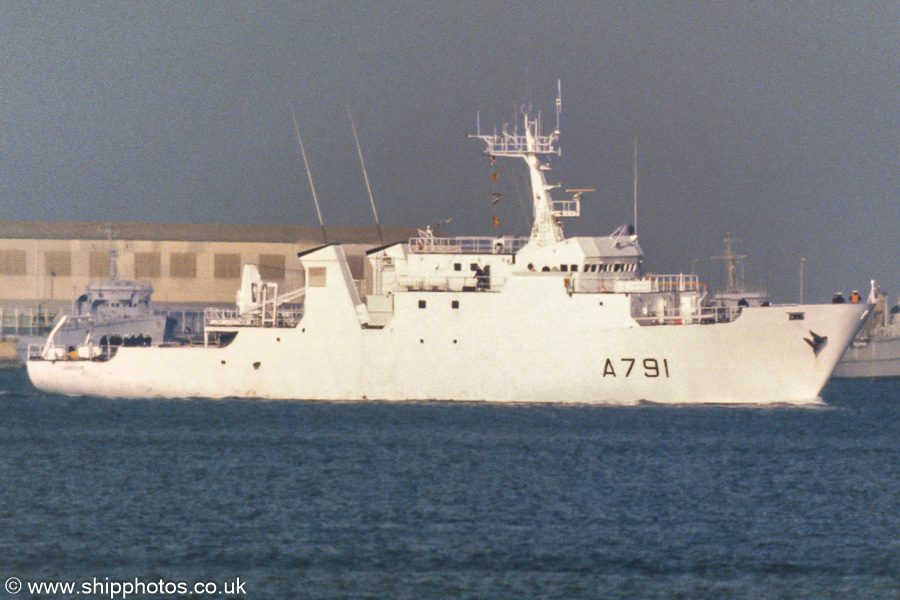 Photograph of the vessel FS Lapérouse pictured departing Cherbourg on 17th March 1990