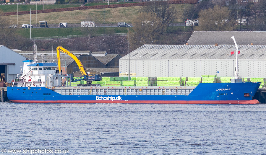 Photograph of the vessel  Larissa B pictured at Eastern Wharf, Dundee on 17th March 2025