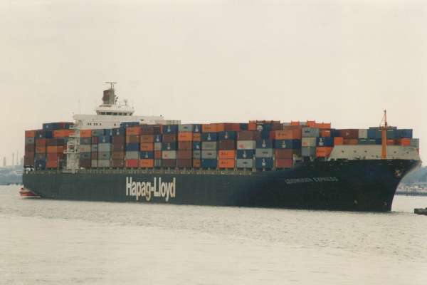 Photograph of the vessel  Leverkusen Express pictured arriving in Southampton on 24th March 1998