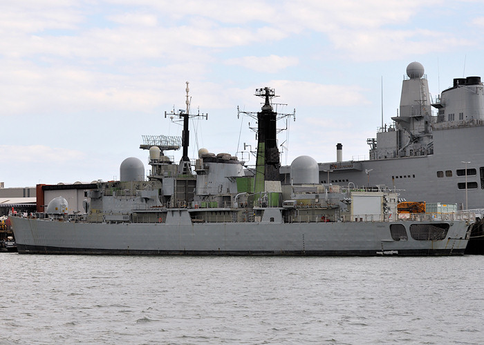 Photograph of the vessel HMS Liverpool pictured laid up in Portsmouth Naval Base on 20th July 2012
