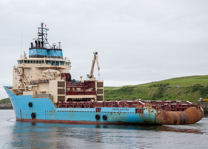 Photograph of the vessel  Mærsk Assister pictured departing Aberdeen on 13th June 2014