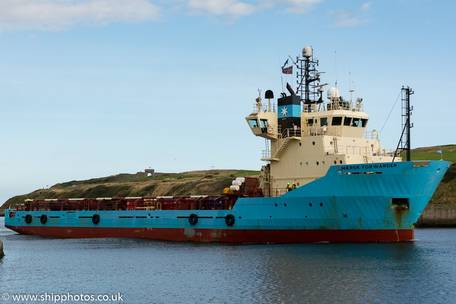 Photograph of the vessel  Mærsk Forwarder pictured arriving at Aberdeen on 19th September 2015