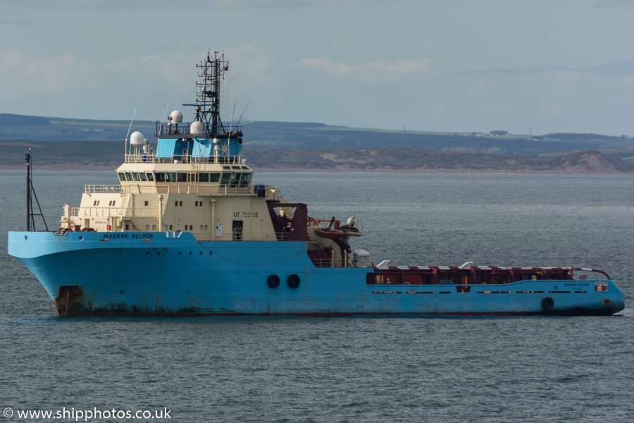 Photograph of the vessel  Maersk Helper pictured at anchor in Aberdeen Bay on 17th May 2015