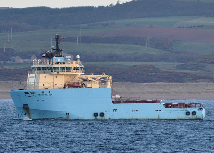 Photograph of the vessel  Mærsk Tracer pictured at anchor in Aberdeen Bay on 13th May 2013