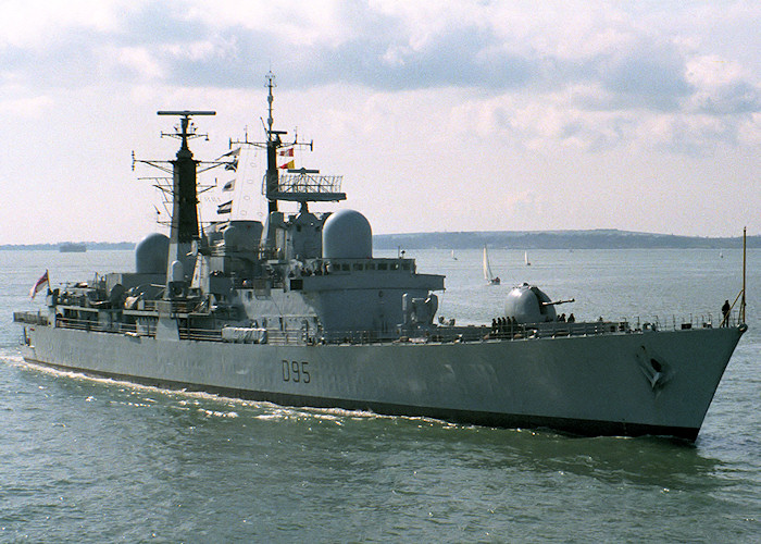 Photograph of the vessel HMS Manchester pictured entering Portsmouth Harbour on 1st April 1988