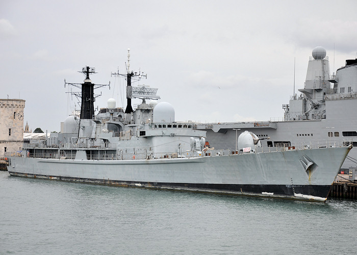 Photograph of the vessel HMS Manchester pictured laid up in Portsmouth Naval Base on 6th August 2011