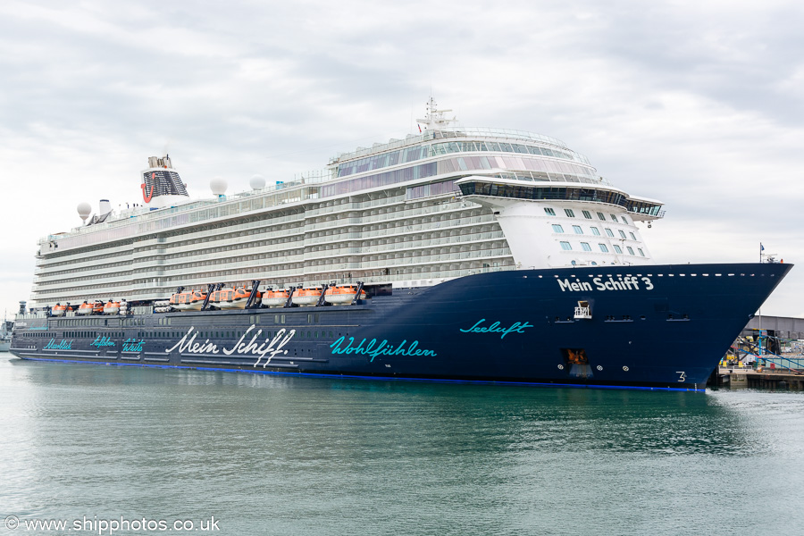 Photograph of the vessel  Mein Schiff 3 pictured at Portsmouth International Port on 8th July 2023