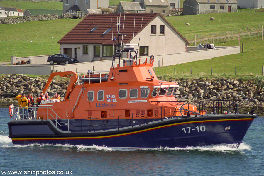 Photograph of the vessel RNLB Michael and Jane Vernon pictured arriving at Symbister on 11th May 2003