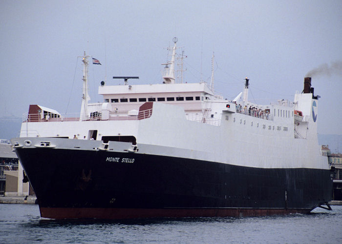 Photograph of the vessel  Monte Stello pictured departing Marseille on 5th July 1990