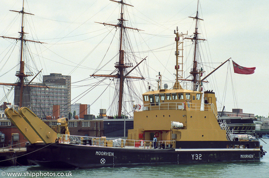 Photograph of the vessel RMAS Moorhen pictured in Portsmouth Naval Base on 2nd July 1989