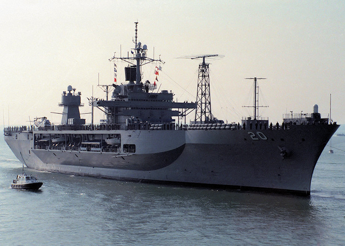 Photograph of the vessel USS Mount Whitney pictured entering Portsmouth Harbour on 2nd October 1988