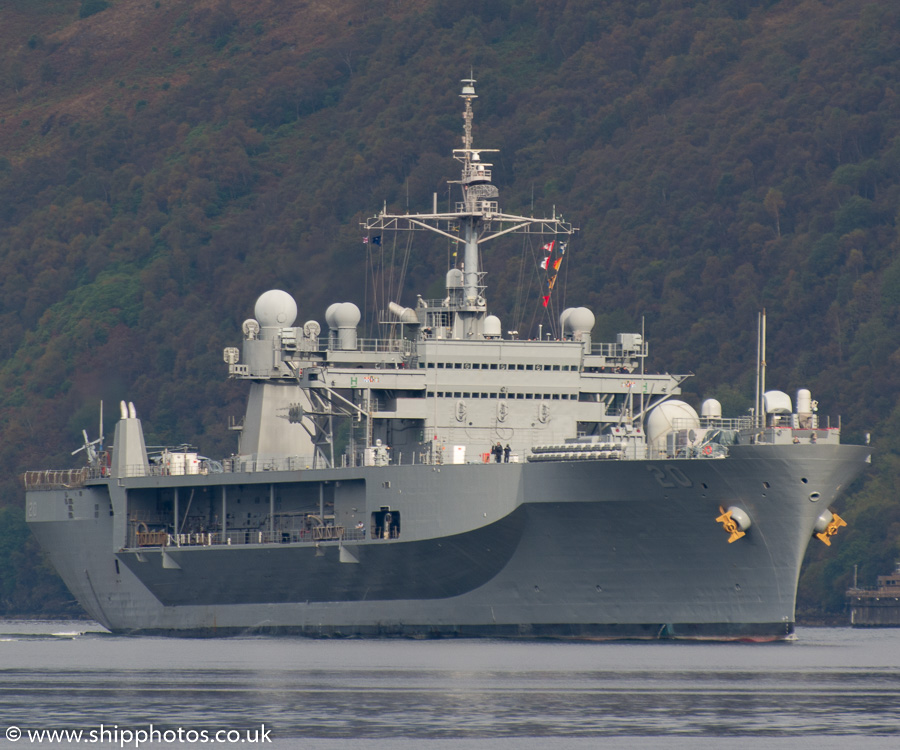 Photograph of the vessel USS Mount Whitney pictured departing Loch Long on 19th October 2015