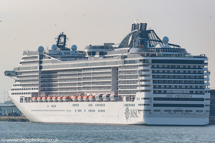Photograph of the vessel  MSC Preziosa pictured at Southampton on 25th April 2025