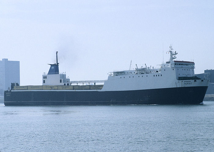 Photograph of the vessel  Norsky pictured departing Beneluxhaven, Europoort on 27th September 1992