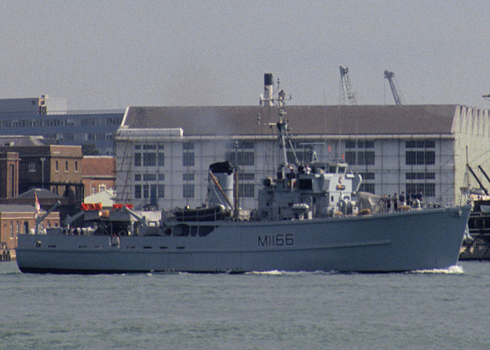 Photograph of the vessel HMS Nurton pictured departing Portsmouth Harbour on 5th September 1990
