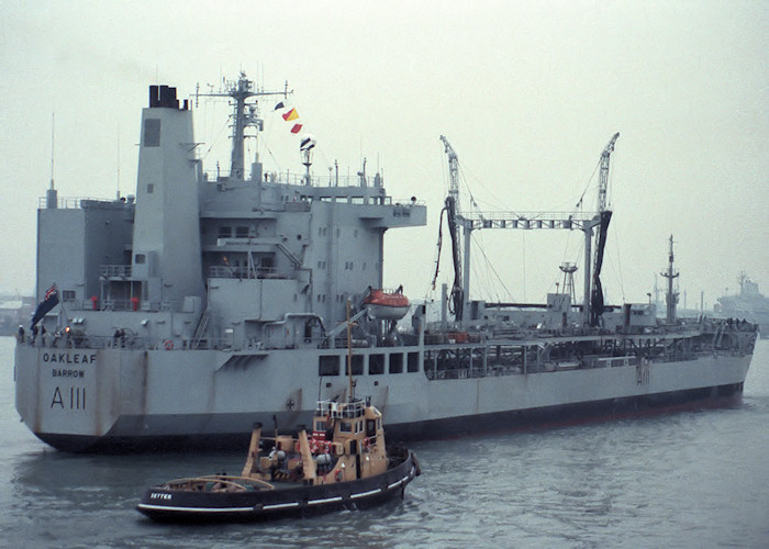 RFA Oakleaf pictured entering Portsmouth Harbour on 5th December 1987