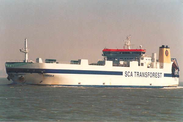 Photograph of the vessel  Obbola pictured on the River Thames on 12th May 2001