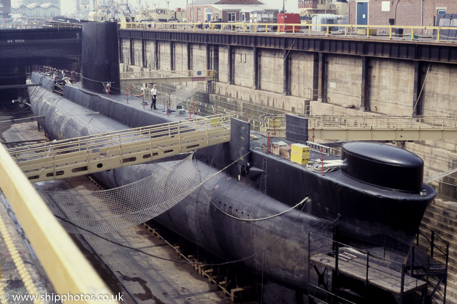Photograph of the vessel HMS Oberon pictured in dry dock at Portsmouth Naval Base on 25th August 1984