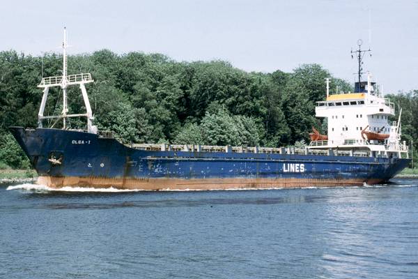 Photograph of the vessel  Olga I pictured passing through Rendsburg on 7th June 1997