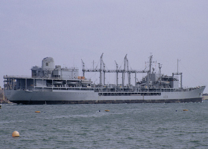 RFA Olmeda pictured departing Portsmouth Harbour on 29th July 1991