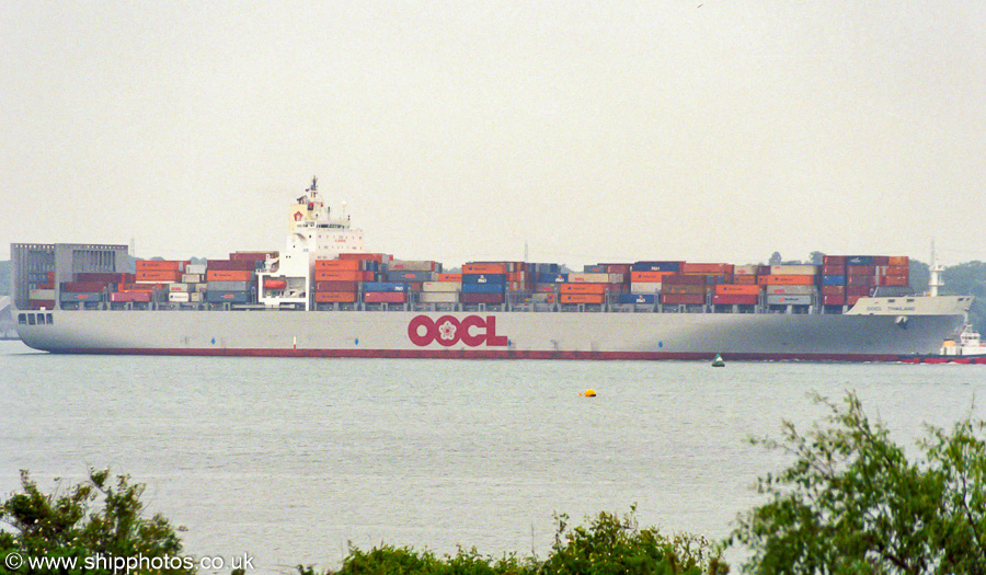 Photograph of the vessel  OOCL Thailand pictured arriving at Southampton on 5th June 2002