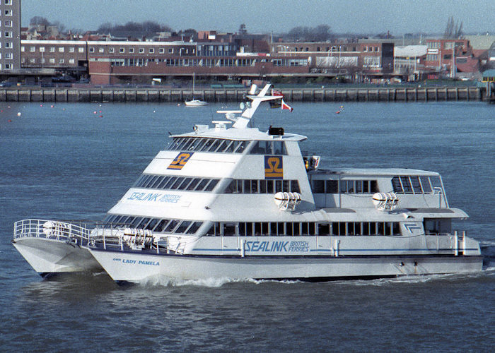 Photograph of the vessel  Our Lady Pamela pictured departing Portsmouth Harbour on 7th February 1988