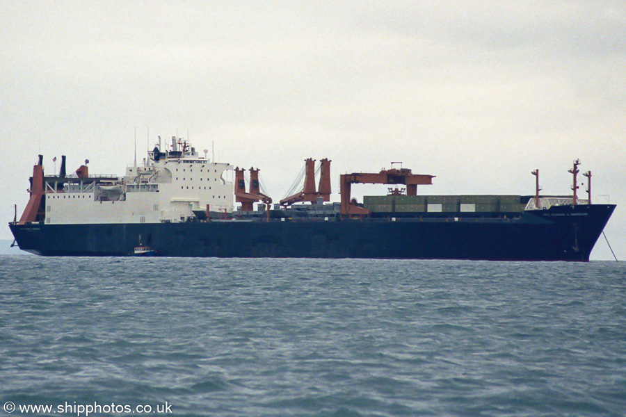 Photograph of the vessel USNS Pfc Eugene A. Obregon pictured at anchor off Weymouth on 7th July 2002