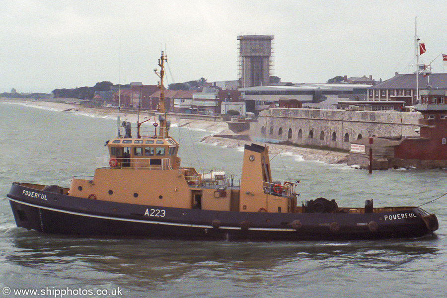 Photograph of the vessel RMAS Powerful pictured in Portsmouth Harbour on 17th September 1989